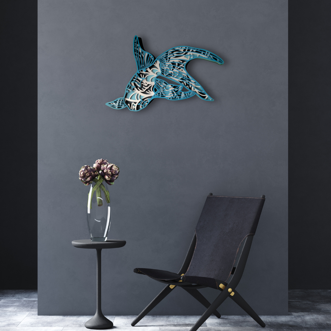 Cuadro Decorativo Multicapa en MDF - Pez Dorado en Tonos Azules y Blancos - 50 x 33 cm