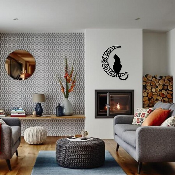 Gato Sobre Luna | Arte en Madera | 45 x 35 cm