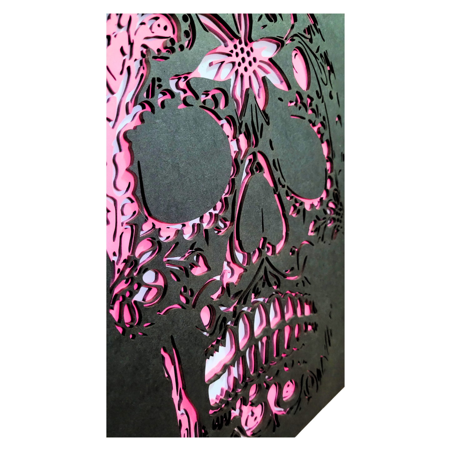 Cuadro Decorativo Premium Multicapa - Calavera Floral en Tonos Rosas y Negros