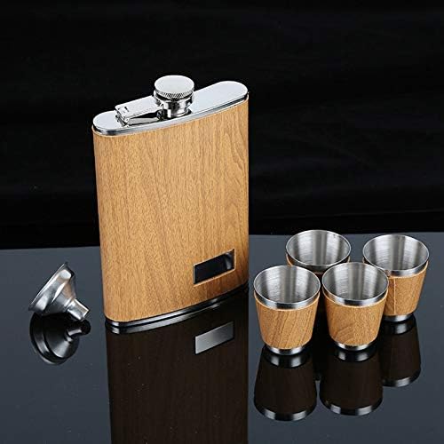 Set de Petaca y Vasos de Acero Inoxidable con Acabado de Madera - Elegancia Portátil para Bebidas