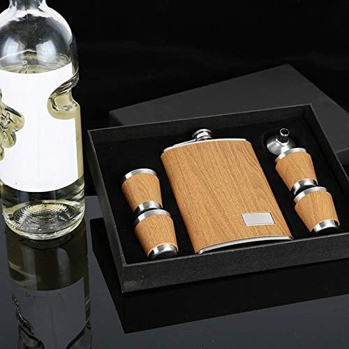 Set de Petaca y Vasos de Acero Inoxidable con Acabado de Madera - Elegancia Portátil para Bebidas