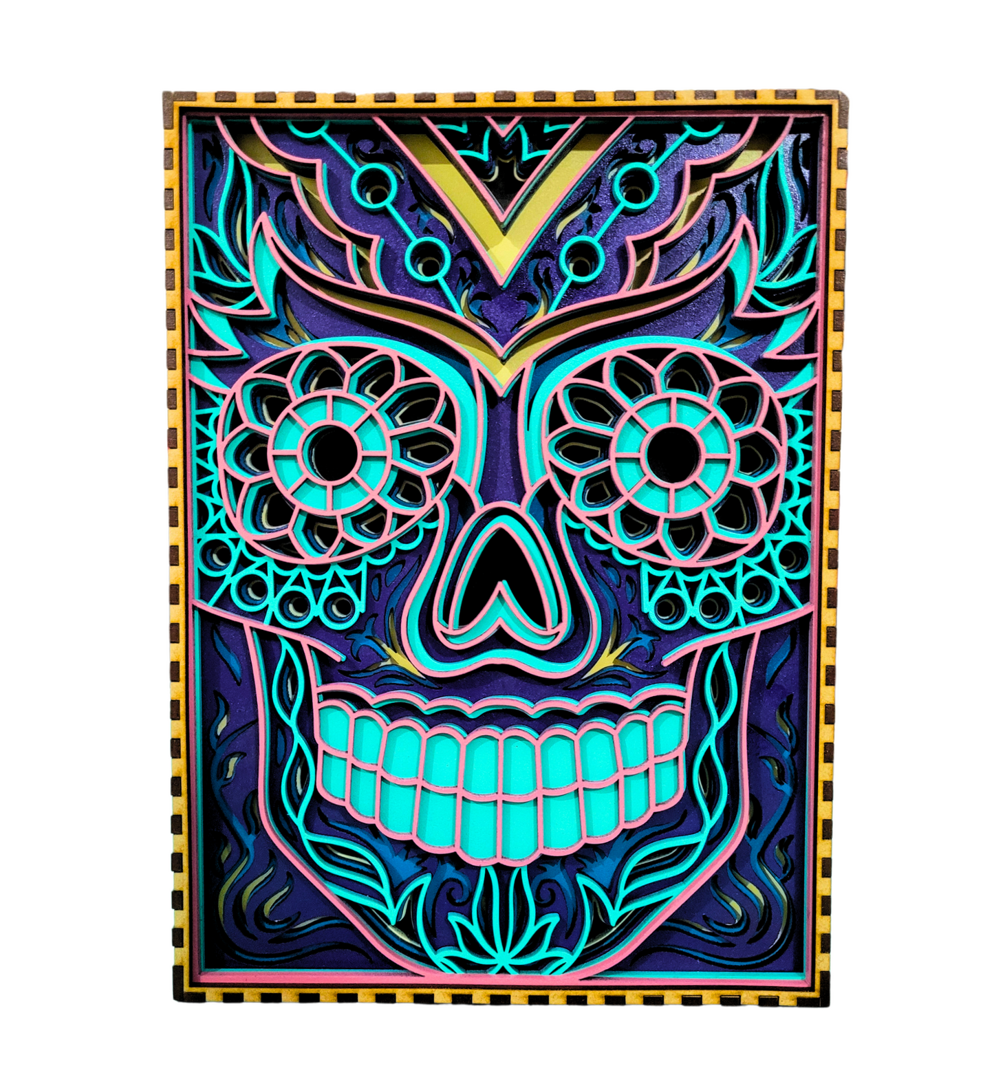 Cuadro Decorativo Premium Multicapa - Calavera Estilo Día de los Muertos en Tonos Vibrantes